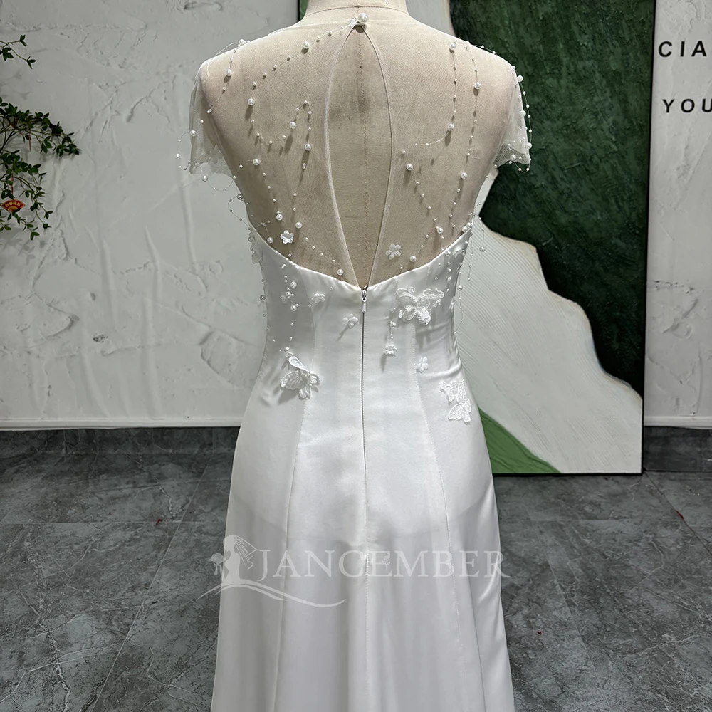 Dostosowane seksowna suknia ślubna z krótkim rękawem i odkrytymi plecami linia A nowa suknia ślubna z koralikami elegancka O-Neck plaża suknia dla panny młodej Vestidos de novia