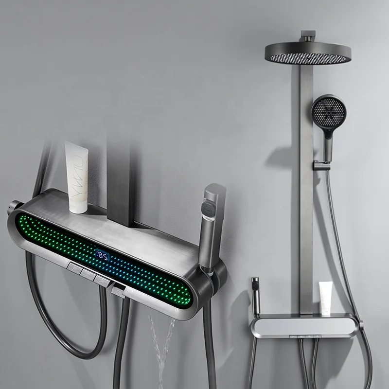 Venta caliente inteligente hogar columna de ducha blanca cascada baño moderno cabezal de ducha termostático tecla de Piano juego de ducha Digital