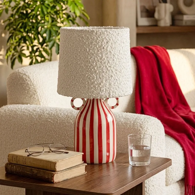 Medieval Red Stripe Ceramics Table Lamps Atmosphere Warm Desk Lights Living Kids Room Restaurant Study Reading Bedroom Fixtures