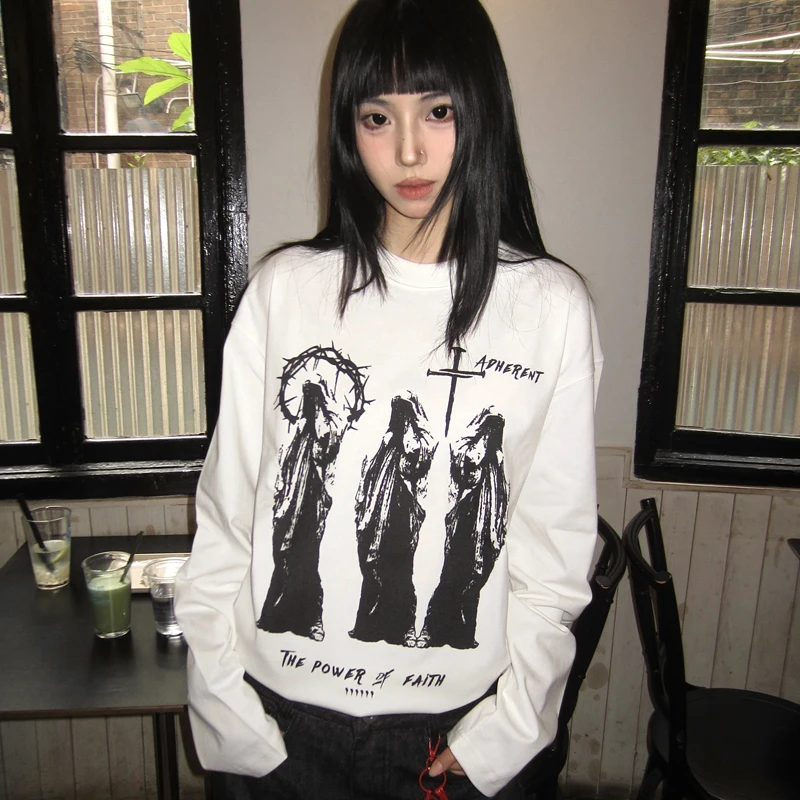 American Printed Oversize Long-sleeved Women's T-shirt Retro StreeAutumn Women's Top Fashion Loose Casual Women's Clothes Y2k