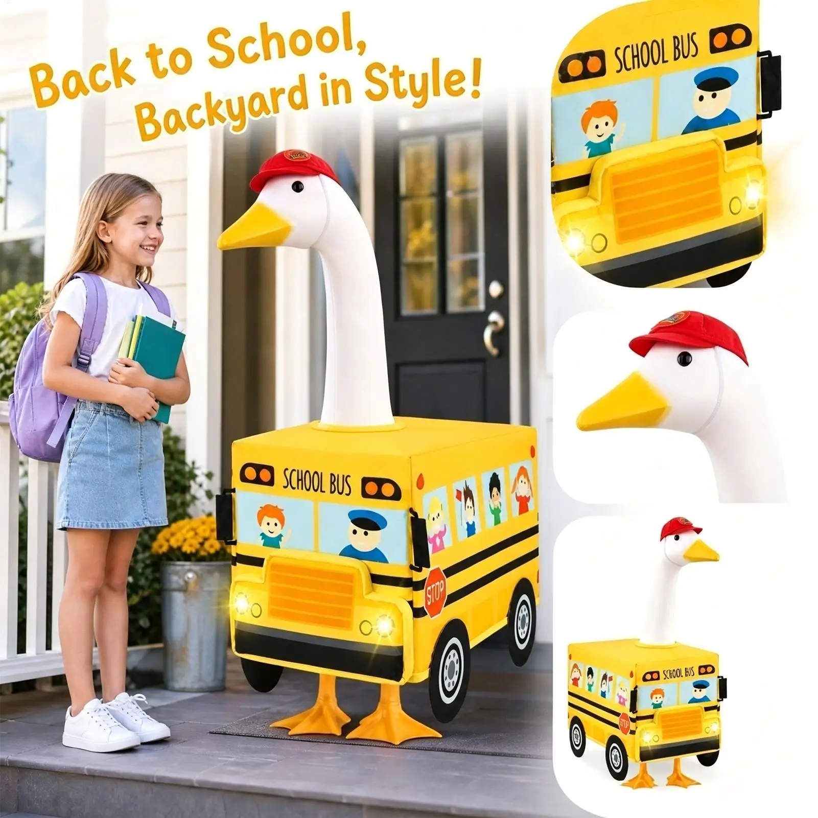 Back to School Porch Goose Outfit Bus Shape Clothes for 23 Inch Garden Statue Outdoor Yard Art Decor Lawn Ornament