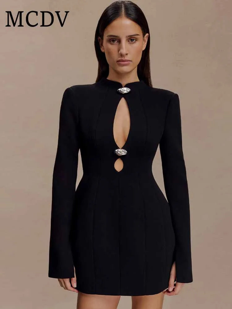 فستان قصير أسود مثير بفتحات واسعة من MCDV فستان نسائي أنيق برقبة دائرية وأكمام طويلة مزين بالمعدن فساتين ضيقة على شكل حرف a رداء أنيق للحفلات #1