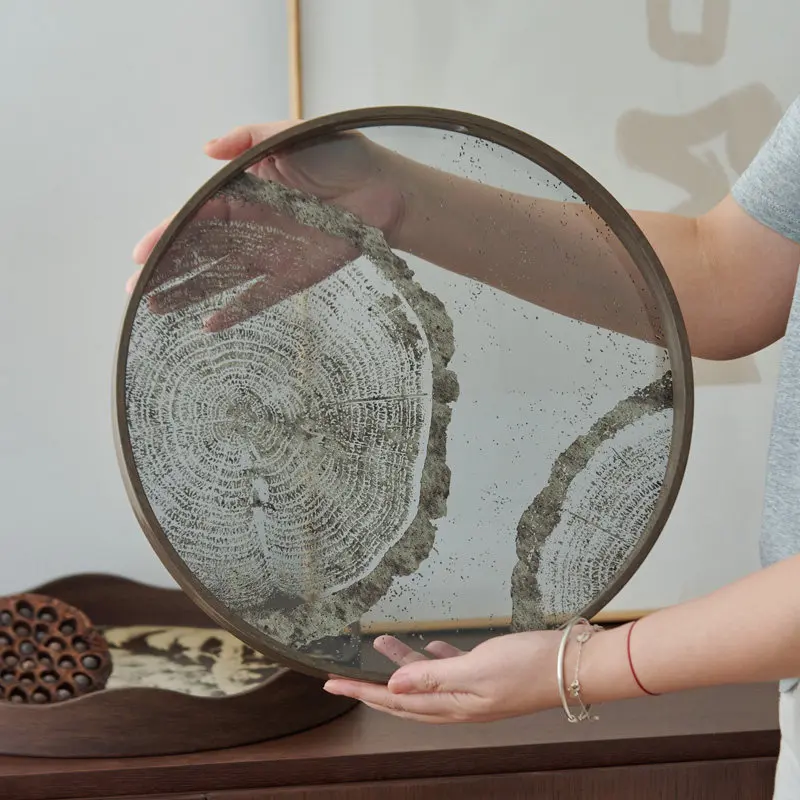 New Chinese wood grain annual ring glass round tea fruit plate ornament,  coffee table decoration aromatherapy tray