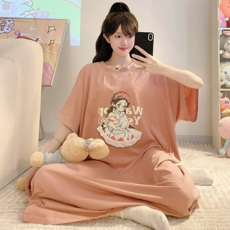 

5XL Plus Size Cotton Pajamas Women Summer Loose Short-sleeved Sleepshirts Dress Cartoon Print Long Nightgown Students Loungewear