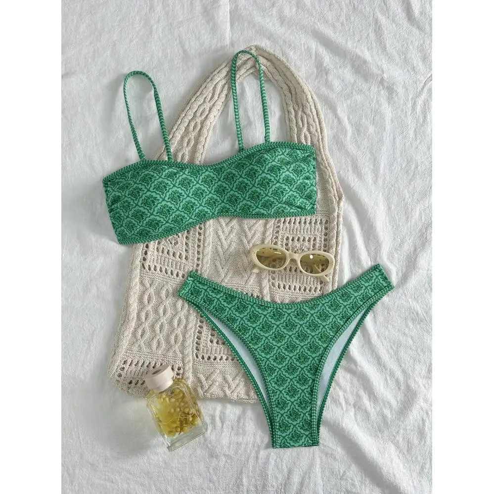 Cikini Two Pieces Print Paired With Flat Chest Bikini,Summer Beach Swimwear Bathing Suit For Women