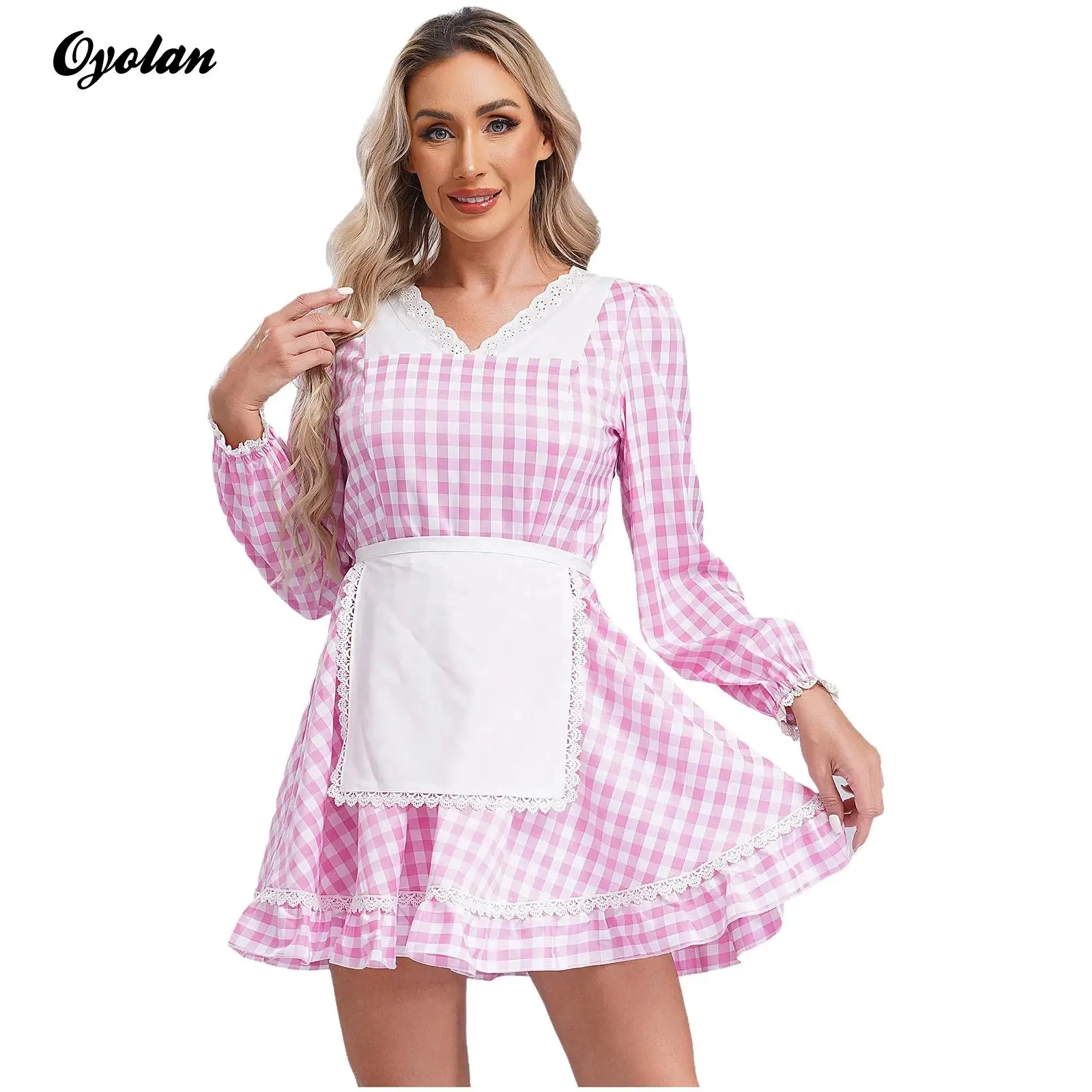 Women Doll Costume Margot Robbie Movie French Maid Cosplay Dress Costume V Neck Long Sleeve Lace Trim Gingham Dress with Apron