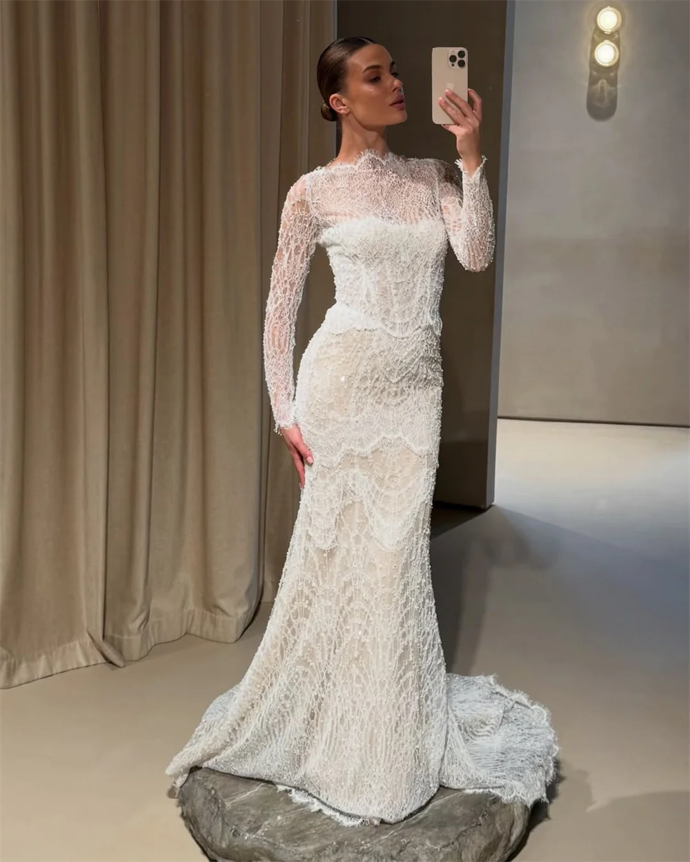 Tokyo Custom White High Neck Long Sleeve Beaded Lace Mermaid Wedding Dress Elegant Sweep Train Bridal Gown Formal Evening