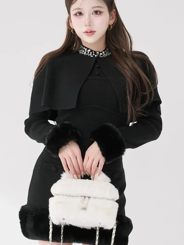 Autumn Winter Pearl Decorated Knitted Velvet Sleeve Slim Fit Lady's Dress with Chest Pin Vintage Style Women's Warm Long Sleeve