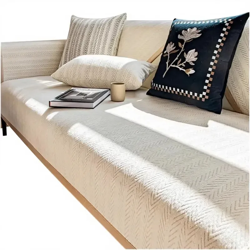 Simple Striped Chenille Scratch Proof Non Slip Washable Wear Resistant Universal Sofa Cover Beige 90x240cm