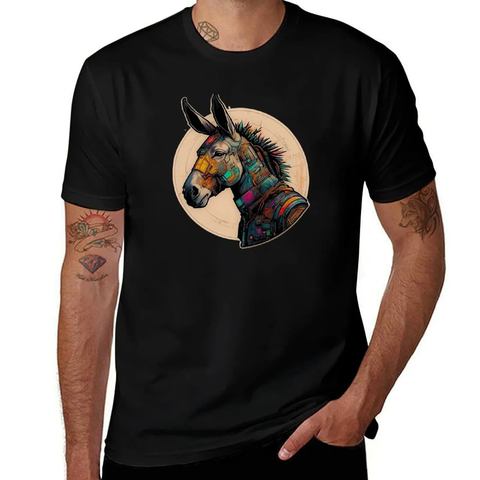 Futuristic Donkey Cyborg in Beautiful RGB Colors T-Shirt Big Size Short Sleeve Tee for Men