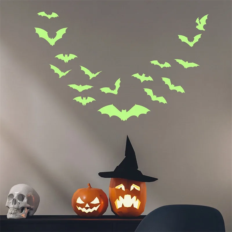 Funny Bat Fluorescence Wall Decal Cartoon PVC Halloween Luminous Stickers Waterproof Cute Night Glow Bat Decal