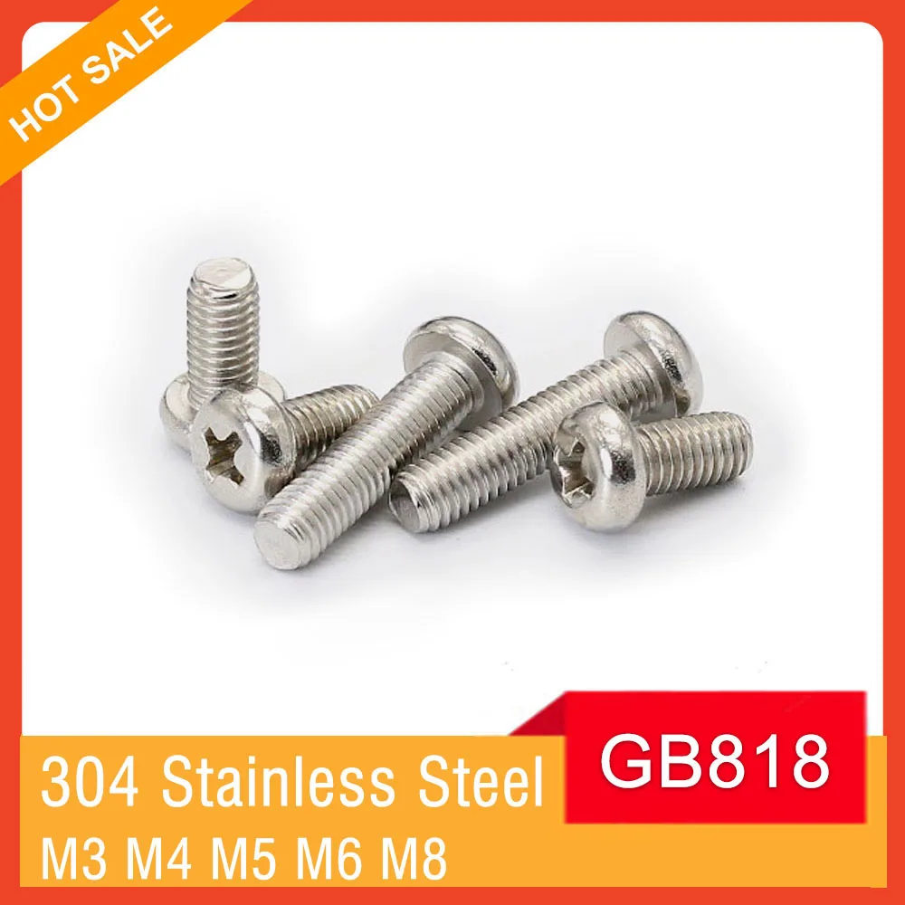 

GB818 A2 Cross Recessed Pan Head Screw M3 M4 M5 M6 M8 304 Stainless Steel Phillips Machine Screws