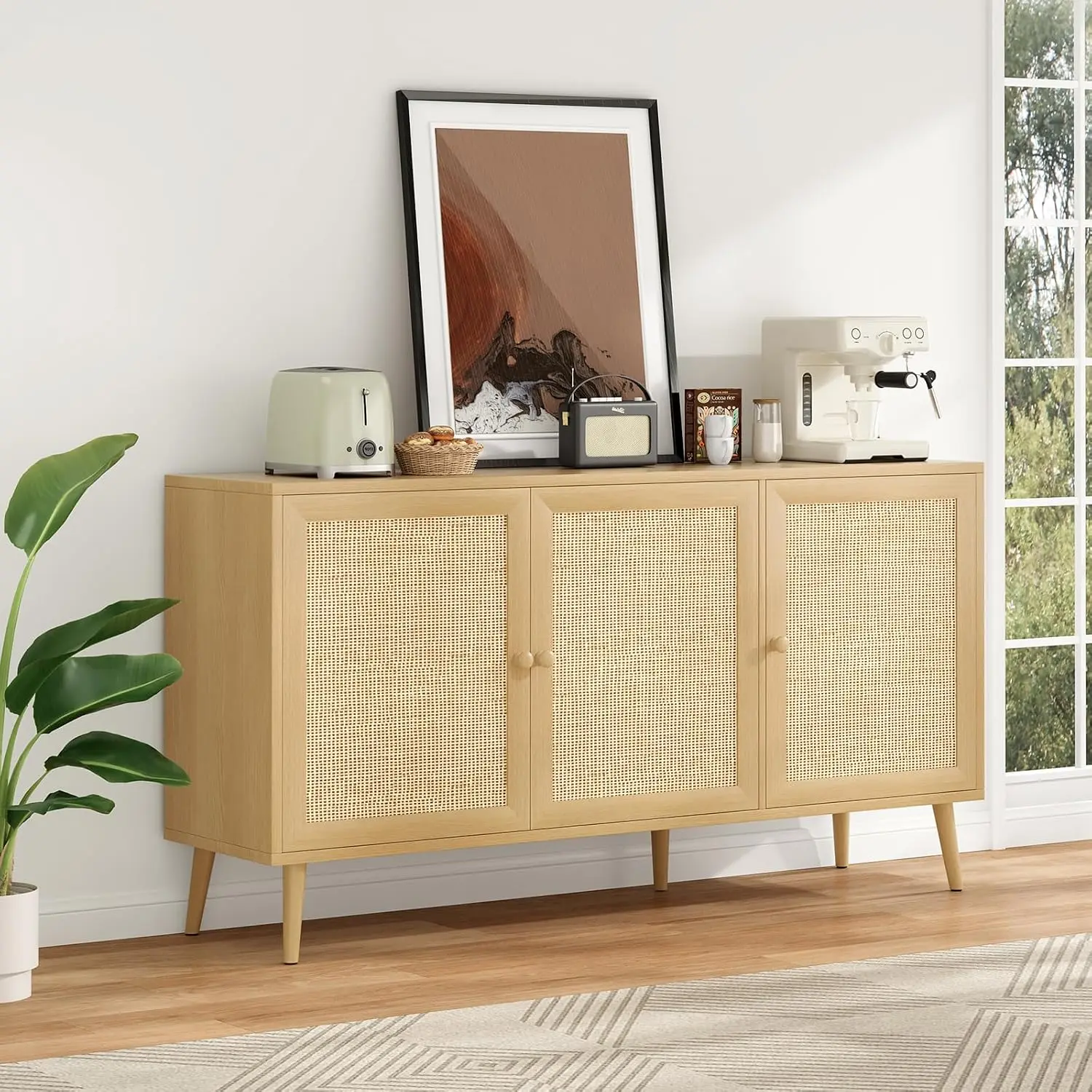 Rattan Buffet Cabinet Sideboard with 2 Drawers & Storage Console Table, Kitchen Coffee Bar, Natural, 27.6
