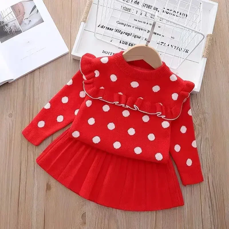 Autumn Children's Sweater Clothing Set Girls' Korean Frill Edge Cute Polka Dot Knitted Top + Pleated Skirt Kids Clothes Suit