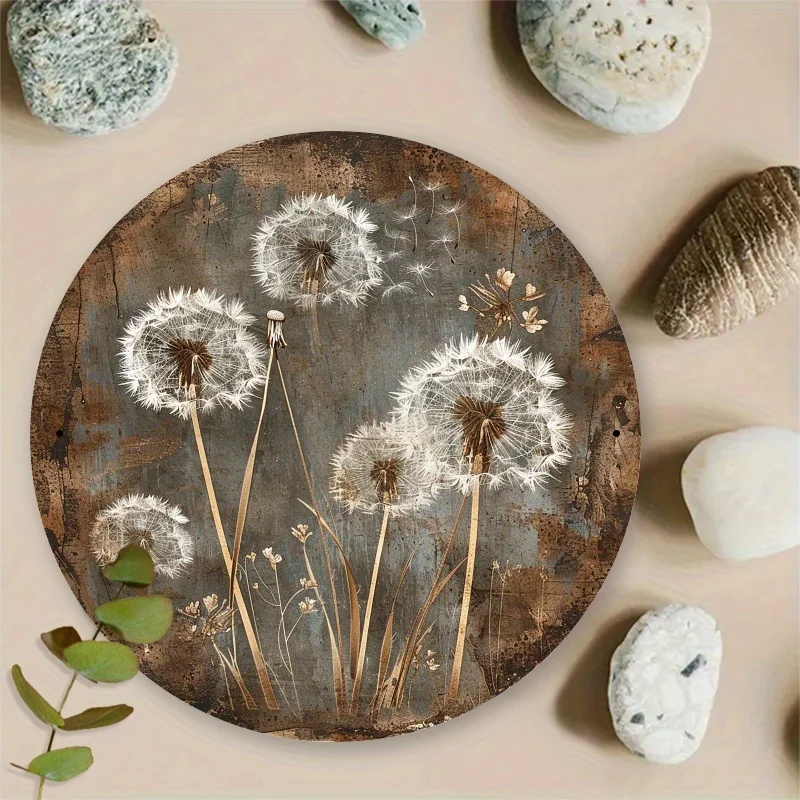 Vintage Dandelion Metal Plaque - 7.87 inch Round Aluminum Wall Art, Featuring a Rustic Style, Perfect for Decorating Homes, Kitc