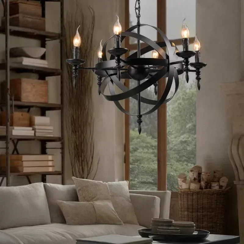 

Black Nordic Circular Vintage Living Room Chandelier Iron Art Cafe Bar Restaurant Chandelier Interior Lighting Decorative Candle