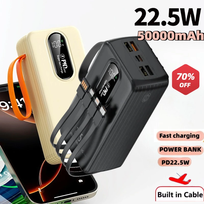 

Китайский 3C сертифицированный внешний аккумулятор 22,5 Вт, быстрая зарядка, встроенные кабели, 50000 мАч, большая емкость для IPhone, Xiaomi, Samsung, Huawei
