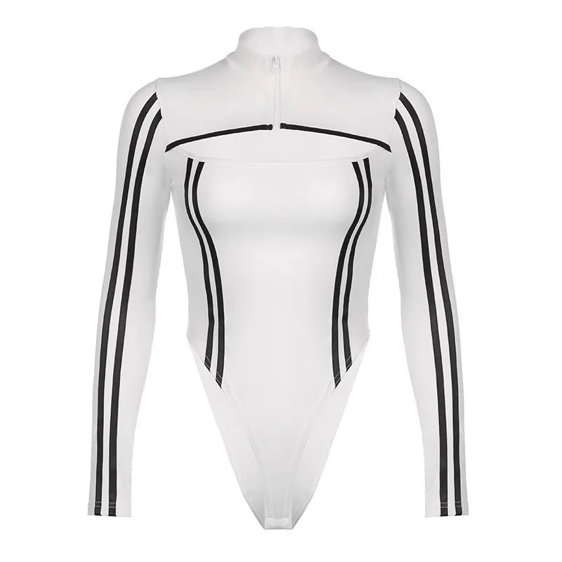 Autumn Sexy Bodysuits Women New Long Sleeves Cut Out Patchwork Zipper Turtleneck Bodycon White Rompers Fashion Casual Streetwear