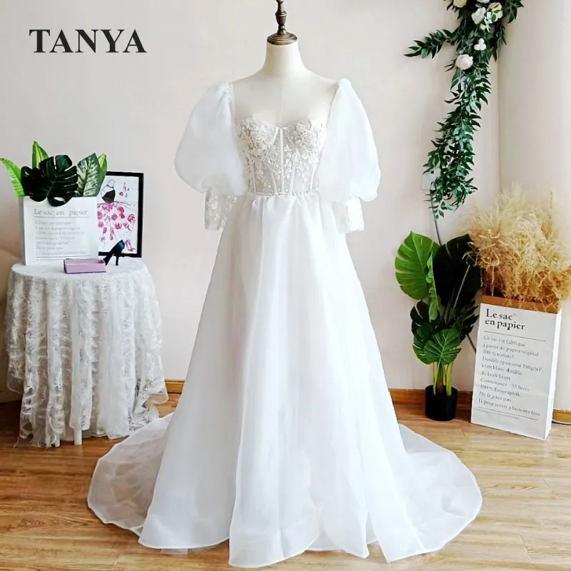 Princess Nude Lining Lace Appliques Wedding Dress A Line Puffy Sleeves Sweetheart Bridal Gown Tanya Bridal Real Photo Gown