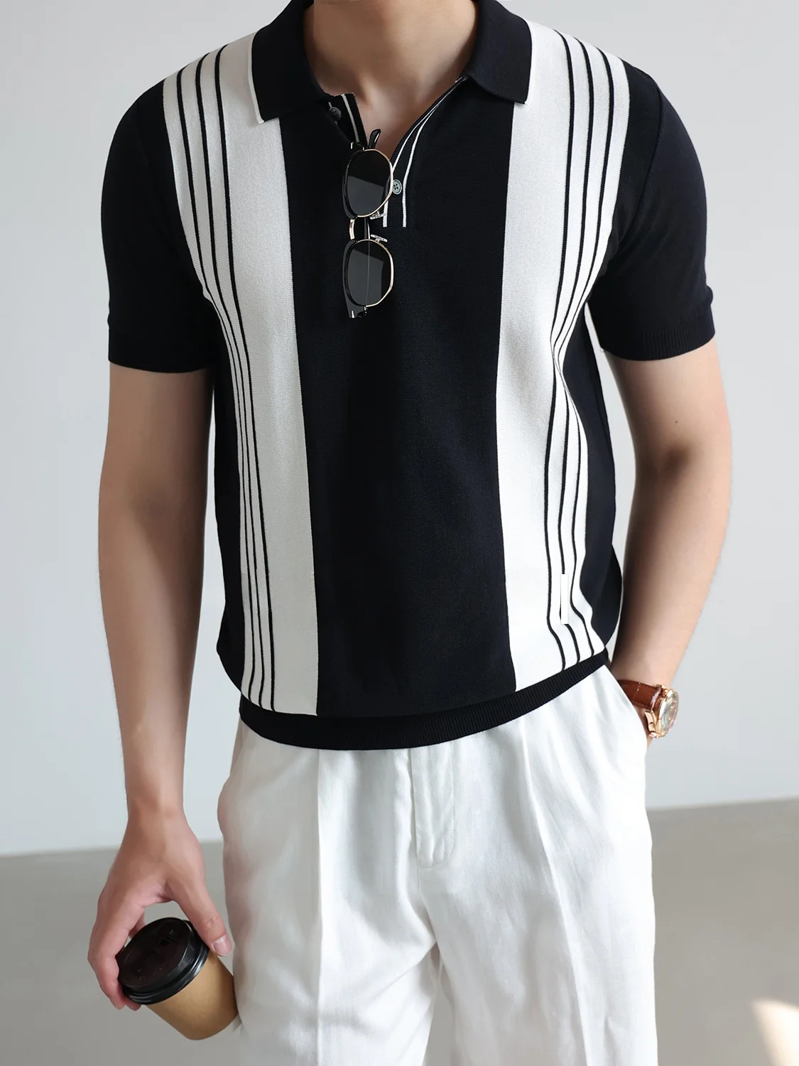 Men's Breathable Knitted  Shirt Short Sleeve Flip Collar Striped T-Shirt Cotton Blend Summer Fashion Standard Fit T-Shirt