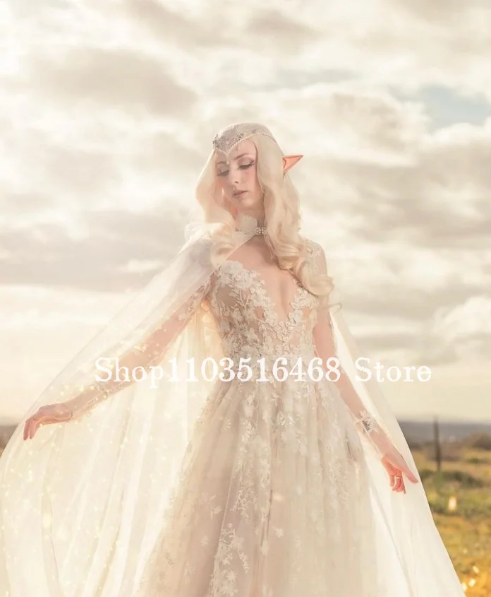 Fantasy Medieval Elf Evening Dresses White Long Sleeve Appliqued See Through A-Line Long Dress Parade Fairy Ancient Evening Gown