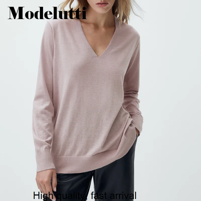 

Spring 2023 New Autumn Fashion V-Neck Knitted Sweater Women Elegant Solid Color Pullovers Simple Casual Tops Female