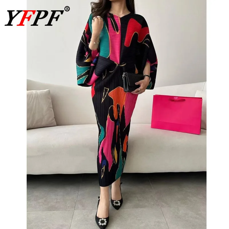 

YFPF Miyake Pleated Printing Long Dress Women Elegant V Neck Batwing Sleeve Loose Contrast Color Evening Dresses Fashion 2025