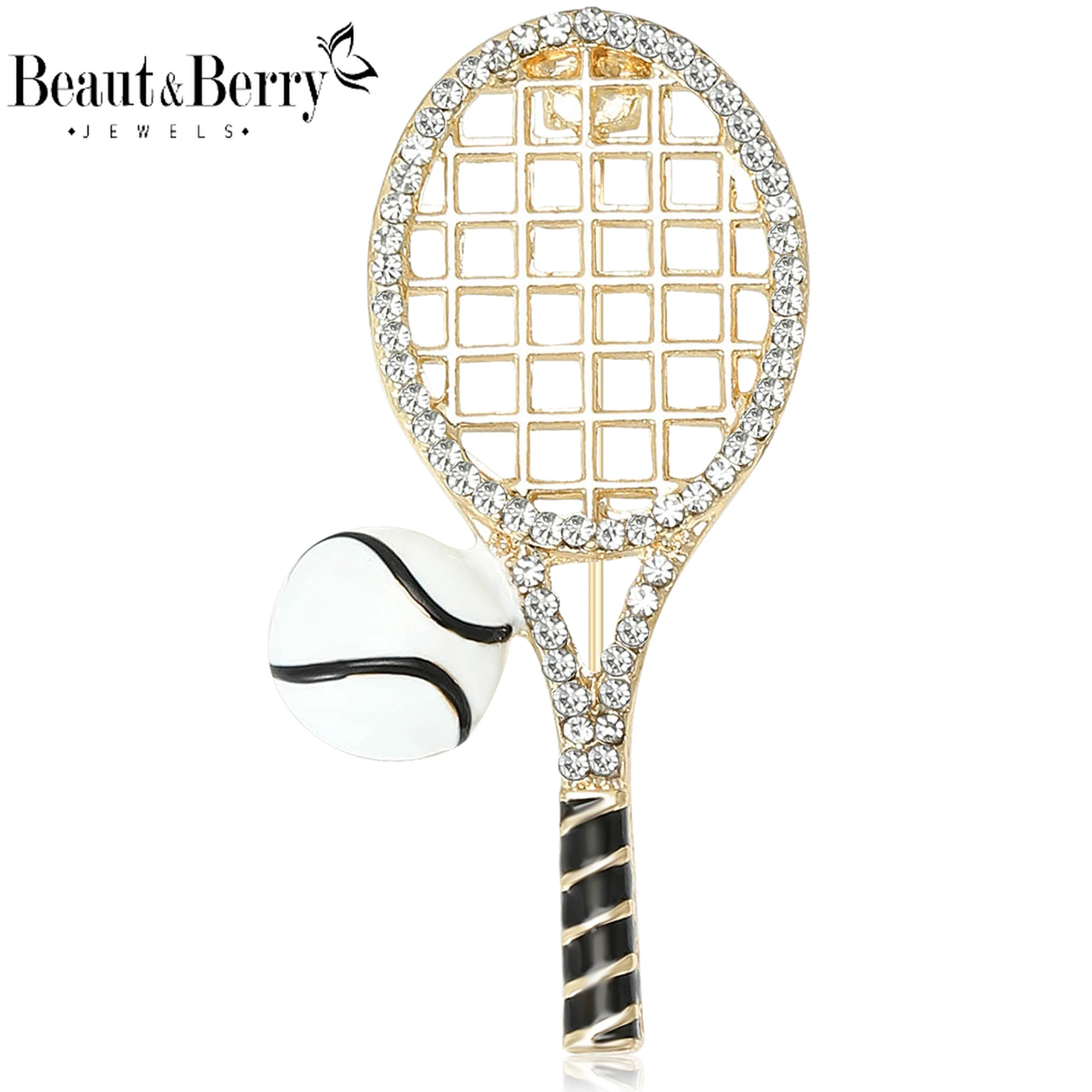 Beaut&Berry Luxury Rhinestone Tennis Racket Brooches for Women Unisex Enamel Tool Pins Casual Party Accessories New Gifts Friend