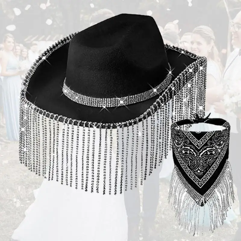 LXAD Fringed Rhinestones Bandana & Weatern Cowboy Hat,Discos Cowgirl Bachelorette Head Scarf Cowgirl Neckerchief