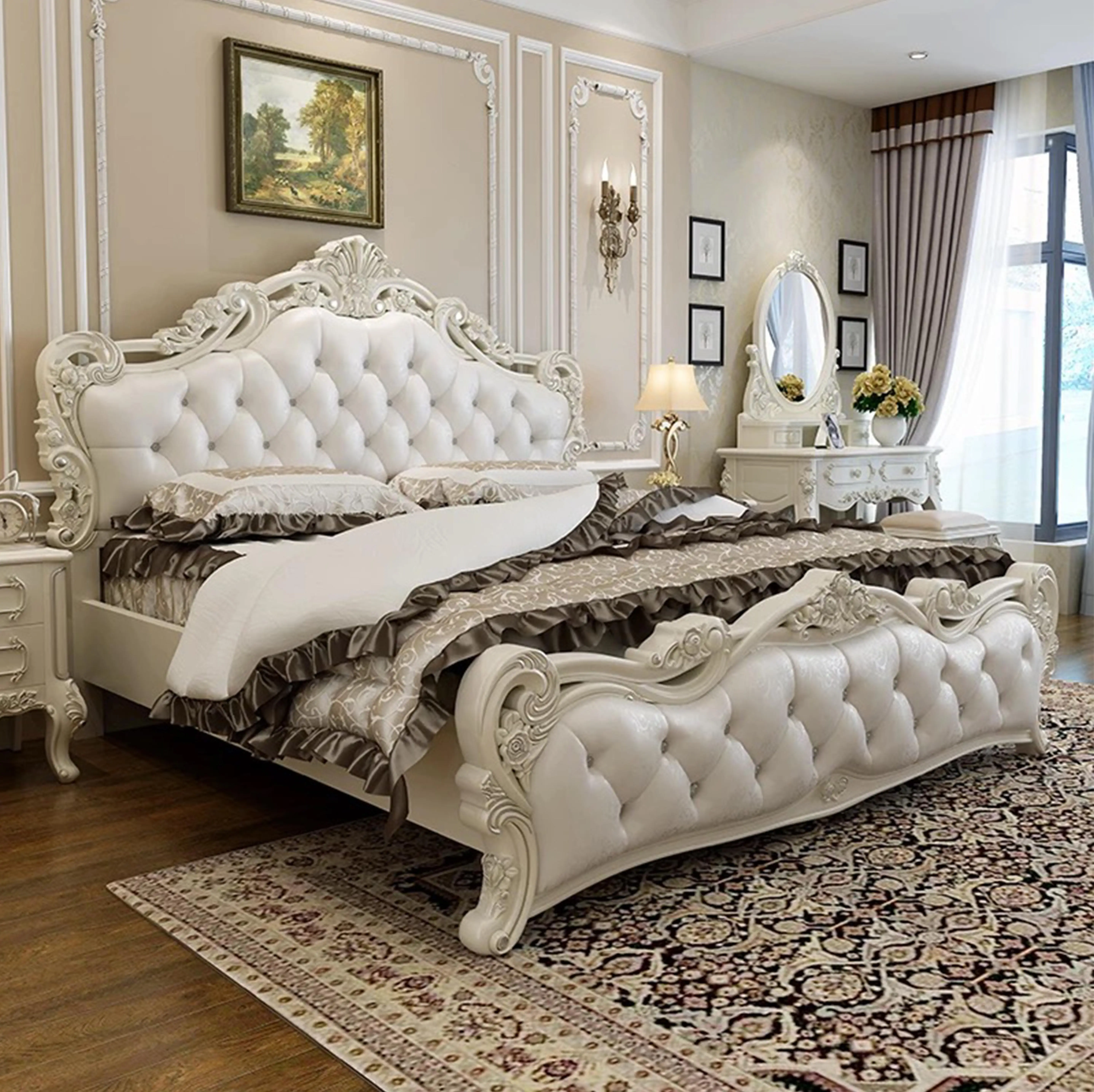 

For French Royal Queen king Size Bedroom Bed Furniture Luxury Carved ABS Frame Genuine Leather Bedroom Set Wedding Bed