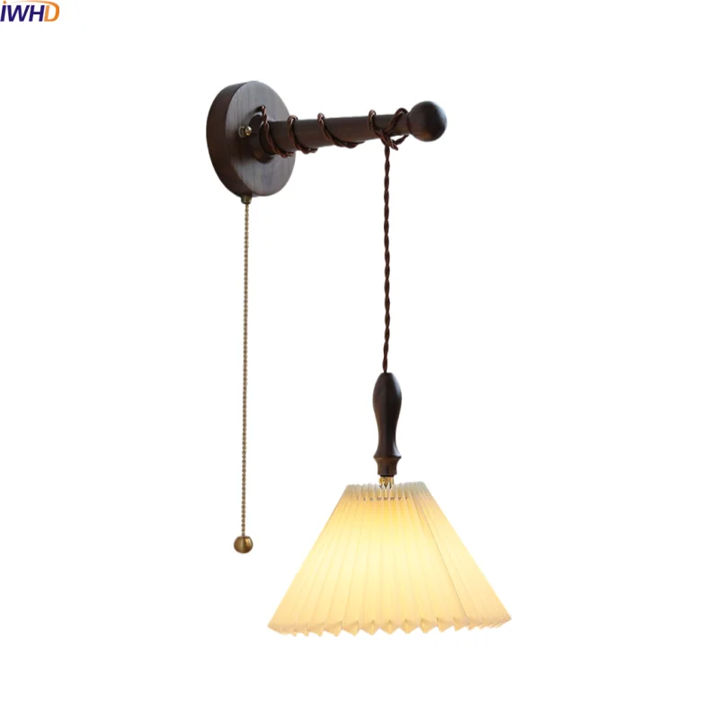 

IWHD Vintage Design LED Wall Lights Indoor Luxury White PMMA Umbrella Shade Black Wood Wooden Bedroom Bedside Lamp Wandleuchte