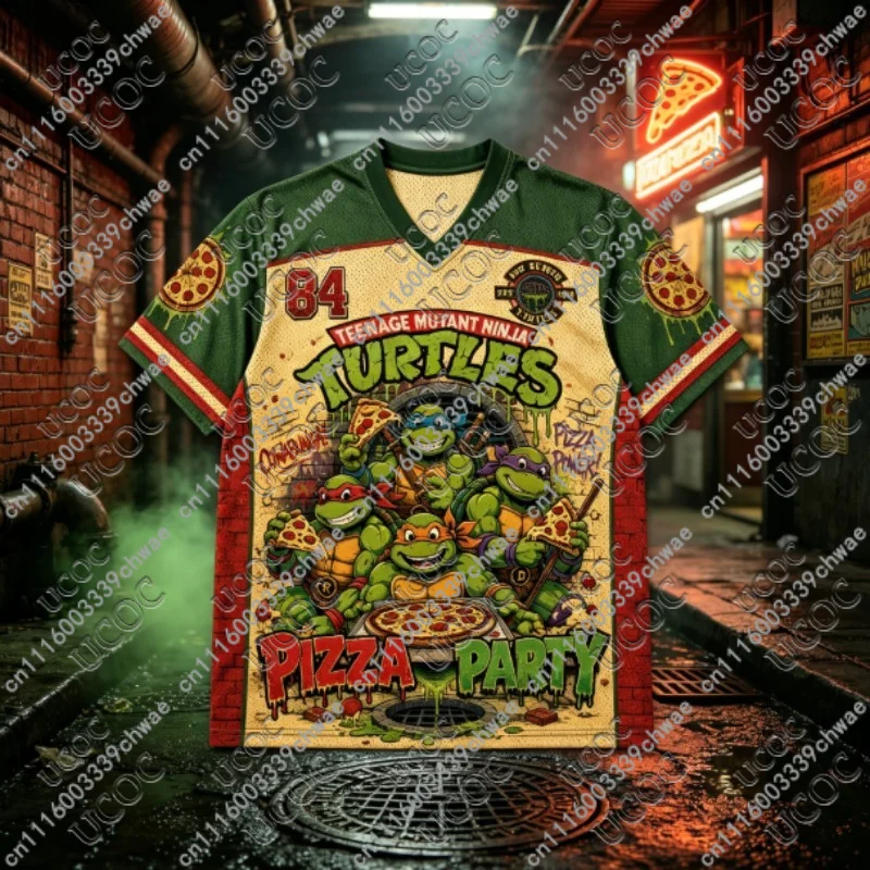 Men Women Teenage Mutant Ninja Turtles Pizza Party Mesh Jersey Y2K Oversized Retro Cartoon Graphic Culture Street Athletic Tee