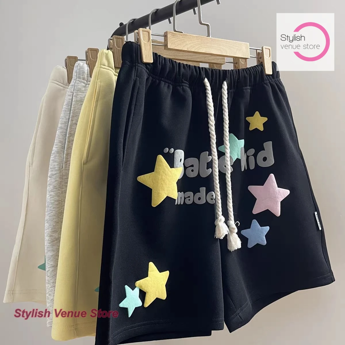 

American high street contrast color star printing leisure sports pants women's summer new fashion loose wild wide-leg pants.