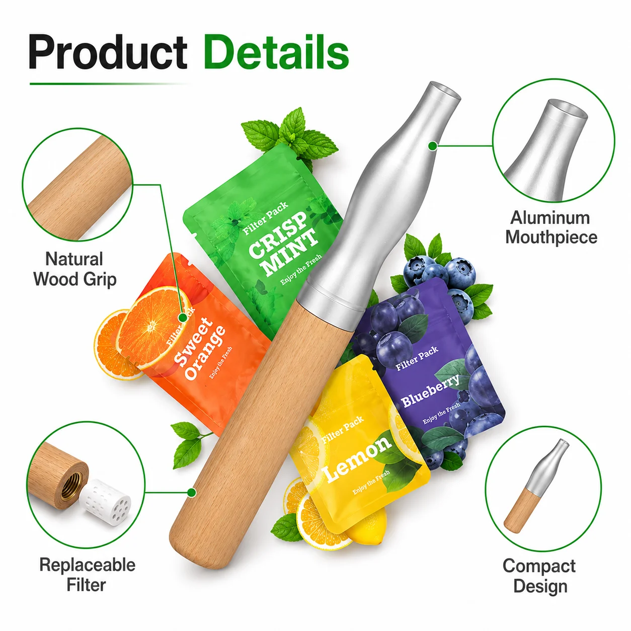 Portable Aroma Inhaler Stick With 4 Flavor Filter Packs Natural Wood Handle Replaceable Cores Pocket Size For Home Office Travel