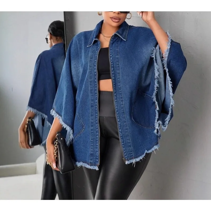 

Women's Denim Jacket - Fashionable Loose Collar Batwing Sleeve Blazer for Autumn and Winter Women's Wear