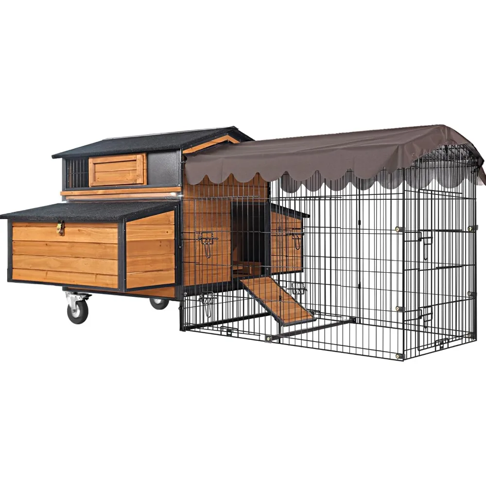 Polloero móvil mejorado con marco de metal integral, casita grande con ruedas súper grandes para 6-8 pollos, 6 anidados