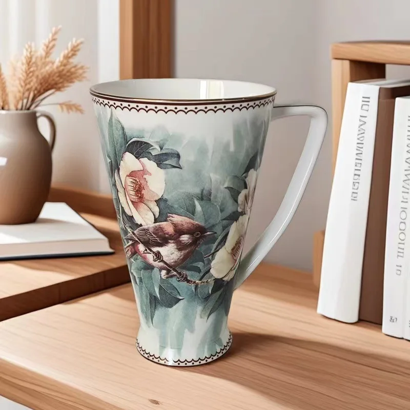 Bone China Oil Painting Style Large Capacity Mug Vintage Gold Trim Loop Handle Gift Box Porcelain Coffee Cup