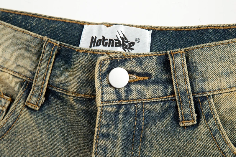 Vintage übergroße Split Deconstructed Herren breite Jeans Baggy Yellow Mud Dyed Washed Denim Jeans Cat Whisker Straight Denim Hose – Detail 10