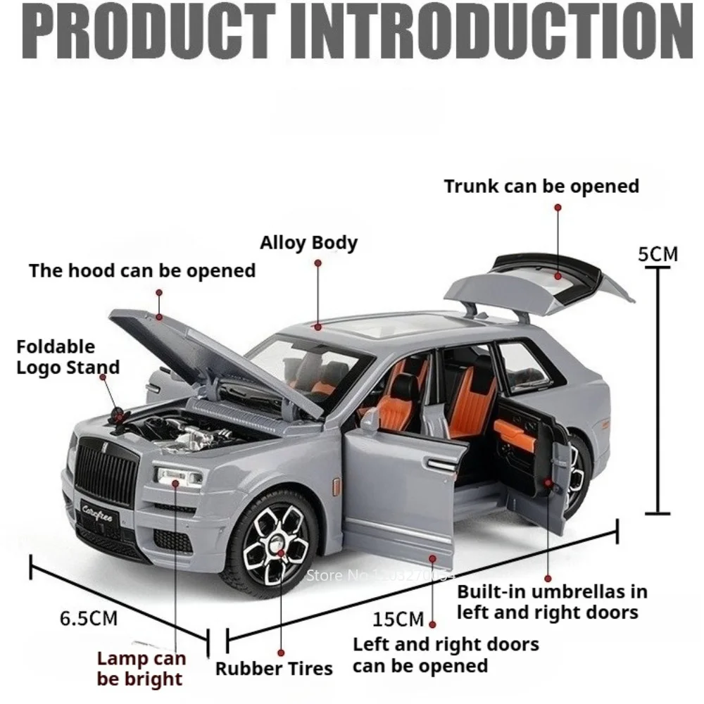 1:32 Rolls Royce Cullinan Silver Spur‌ Alloy Diecast Toys Cars Model with Sound Light Pull Back Miniature Vehices for Kids Gifts
