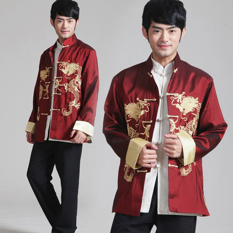 

Traditional Chinese Style Embroidery Dragon Blouse Tang Suit Hanfu Men Stand Collar Kung Fu T Shirts Tops Jackets New Year Coats