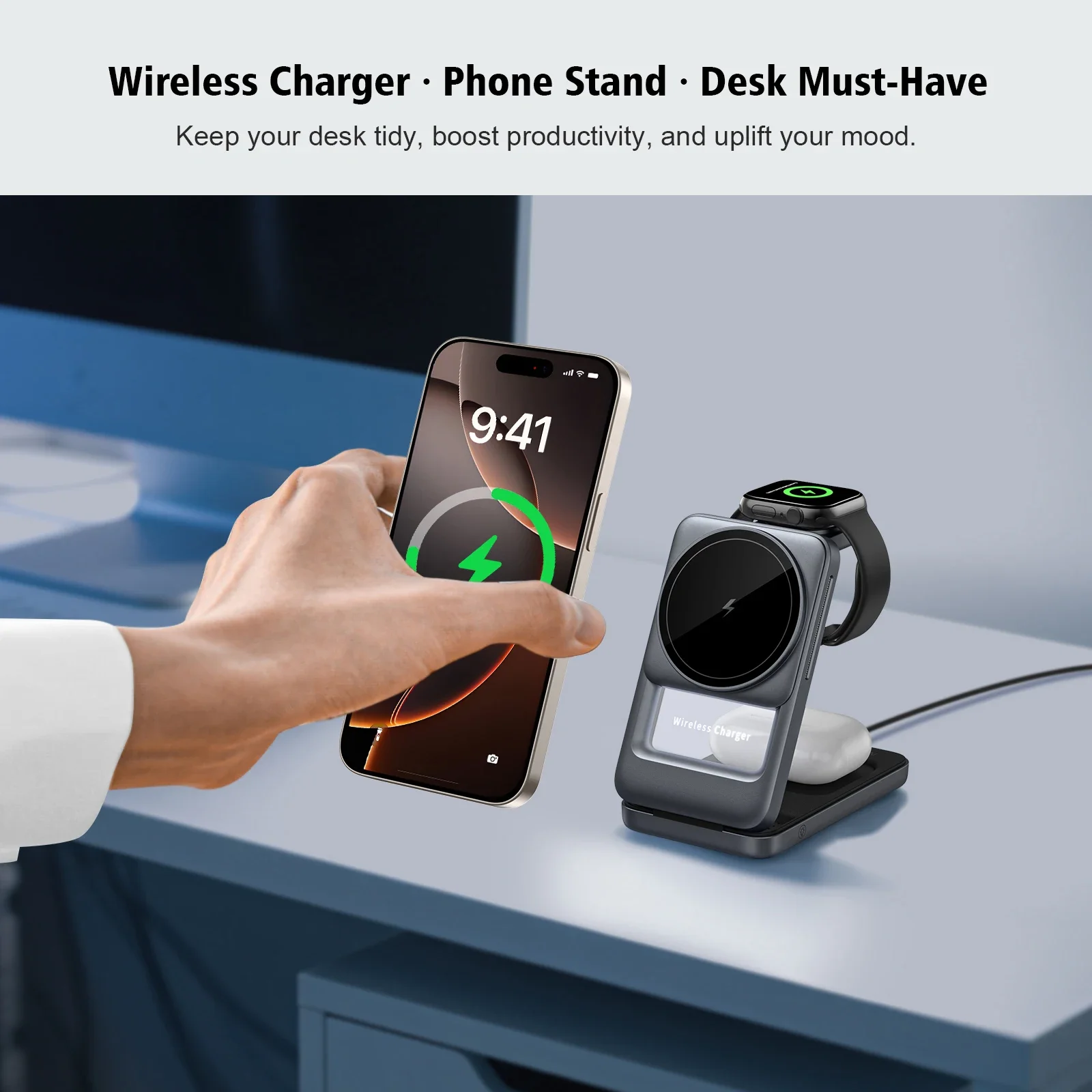 Foldable 3 in 1 Magnetic Wireless Charging Desktop Stand for iPhone 17~12 Apple Watch 11~2 SE AirPods Pro Fast Charging Station