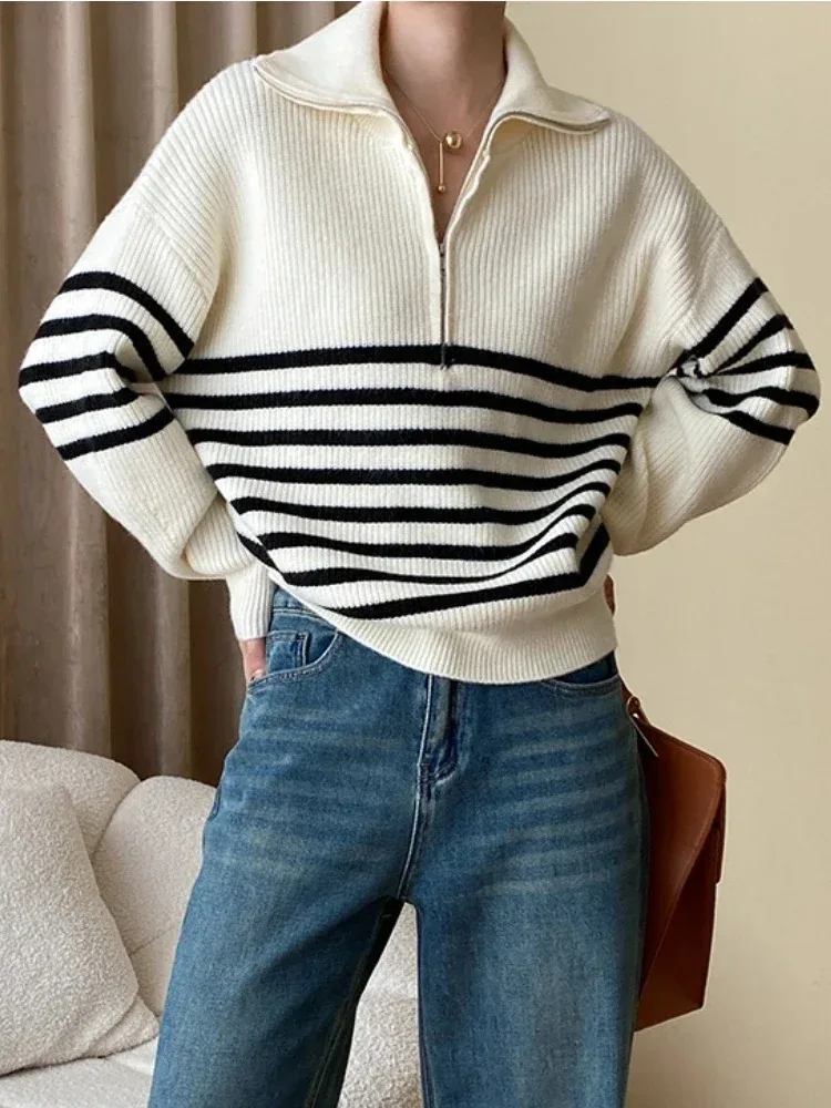 Zipper Turn-down Collar Pullover Women Casual Black White Stripe Korean Style Sweater Loose Knitted Long Sleeve Vintage Sweaters