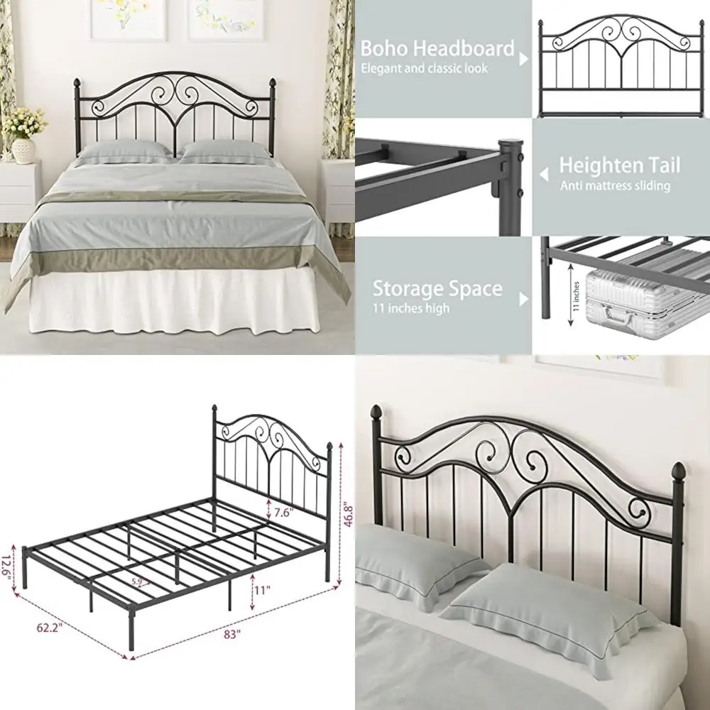 

Vintage Style Queen Metal Bed Frame with 11 Storage Platform, No Box Spring Needed, Easy Assembly