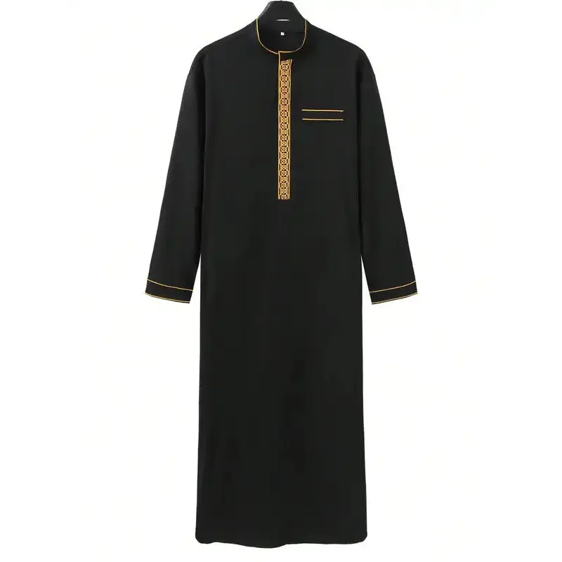 Abito da uomo musulmano a maniche lunghe in stile etnico ricamato colletto alla coreana abbigliamento arabo abito casual islamico da uomo