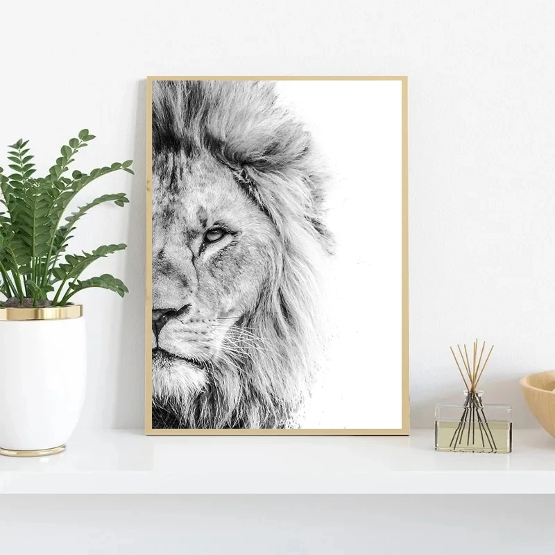 Black White Farm Animal Lion Highland Cow Cattle Portrait Poster Print Canvas Painting Wall Art Picture for Farmhouse Home Decor