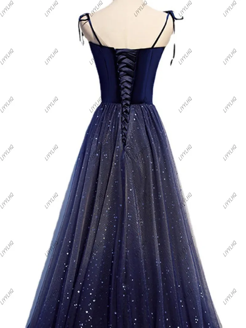 Shiny Navy Blue A-Line Evening Dresses Bling Spaghetti Straps Prom Party Gowns Women Formal Occasion vestidos de festa