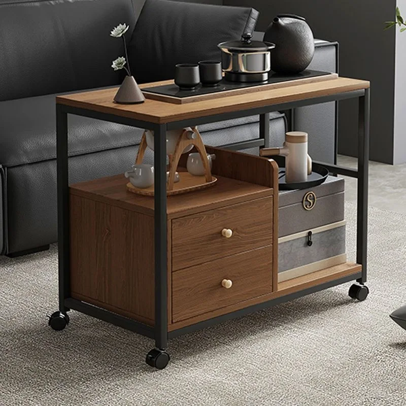 Square Tea Table Side Cabinet Optional Double Drawers Wheels Engineered Board Acrylic Frame X Cm Compact Variant Living Room