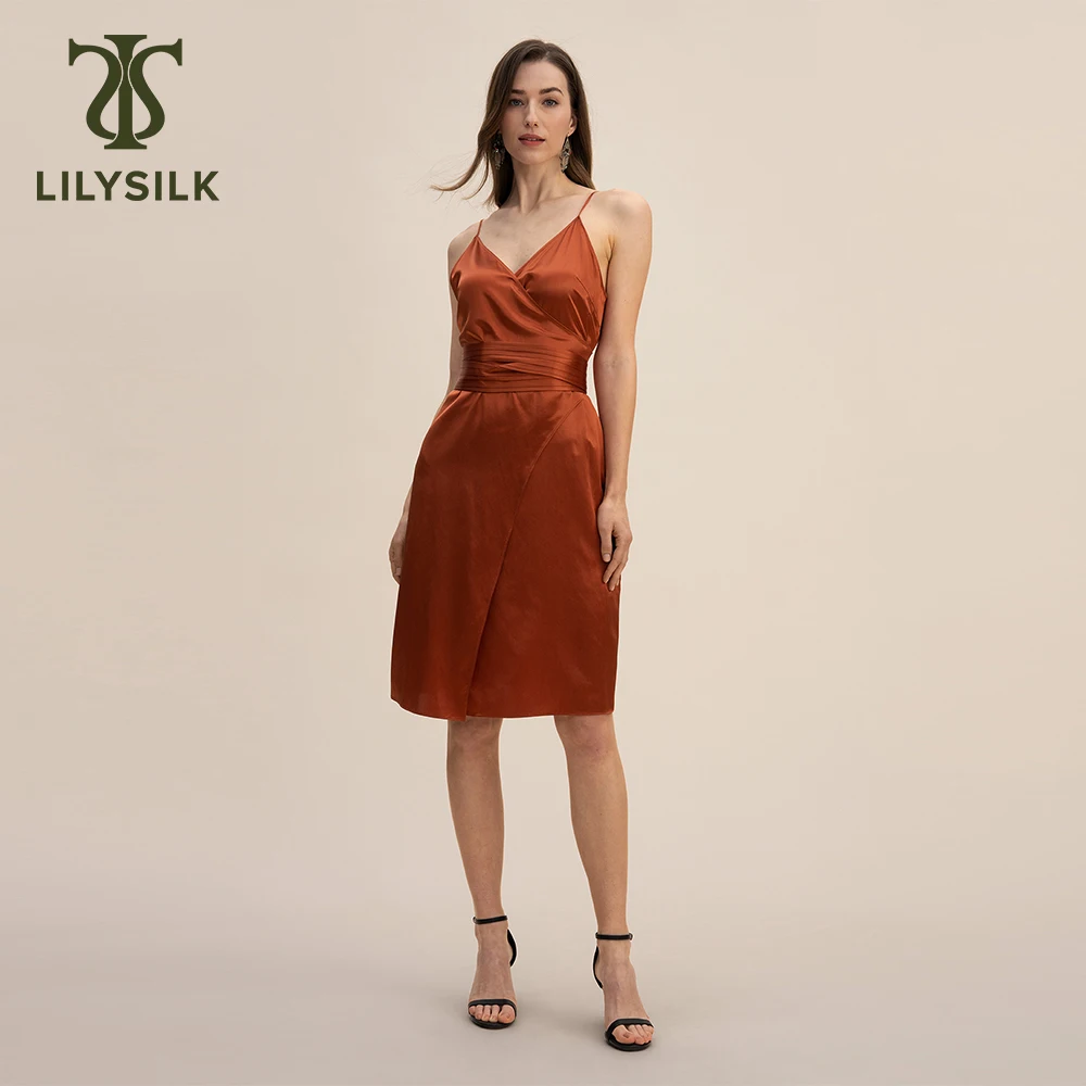 

LILYSILK Silk Wrap Cocktail Dress for Women 2023 Summer New Belted A Lined Midi Sundress Ladies Party Clothing Free Shipping