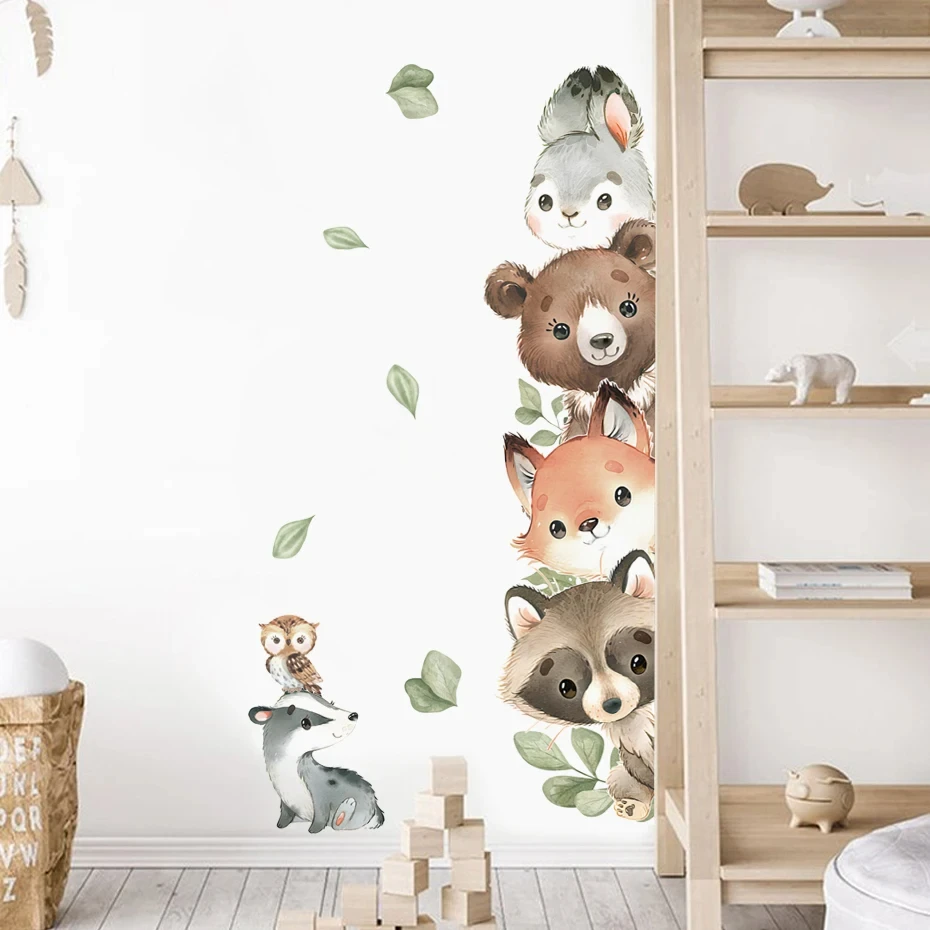 Watercolor Cartoon Forest Animals Bear Rabbit Door Stickers Wall Stickers for Kids Room Bedroom Home Decoration Wall Decor