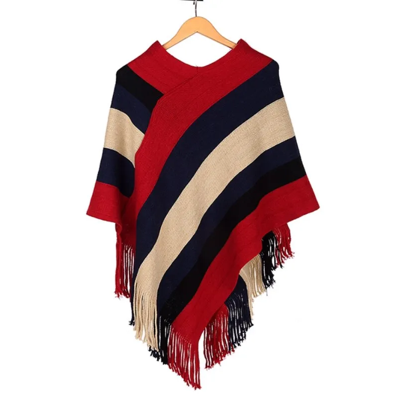 Pull Femme jesienno-zimowa damska sweter z frędzlami, dzianinowy sweter Poncho seksowne paski V Neck nieregularny brzeg Casual luźny sweter Khaki — zdjęcie 2